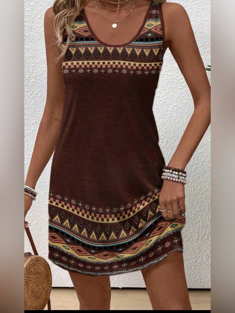 Sleeveless Brown Tribal-Print Tank Dress